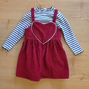 Old Navy Red Corduroy Heart Dress with Striped Top 12-18M